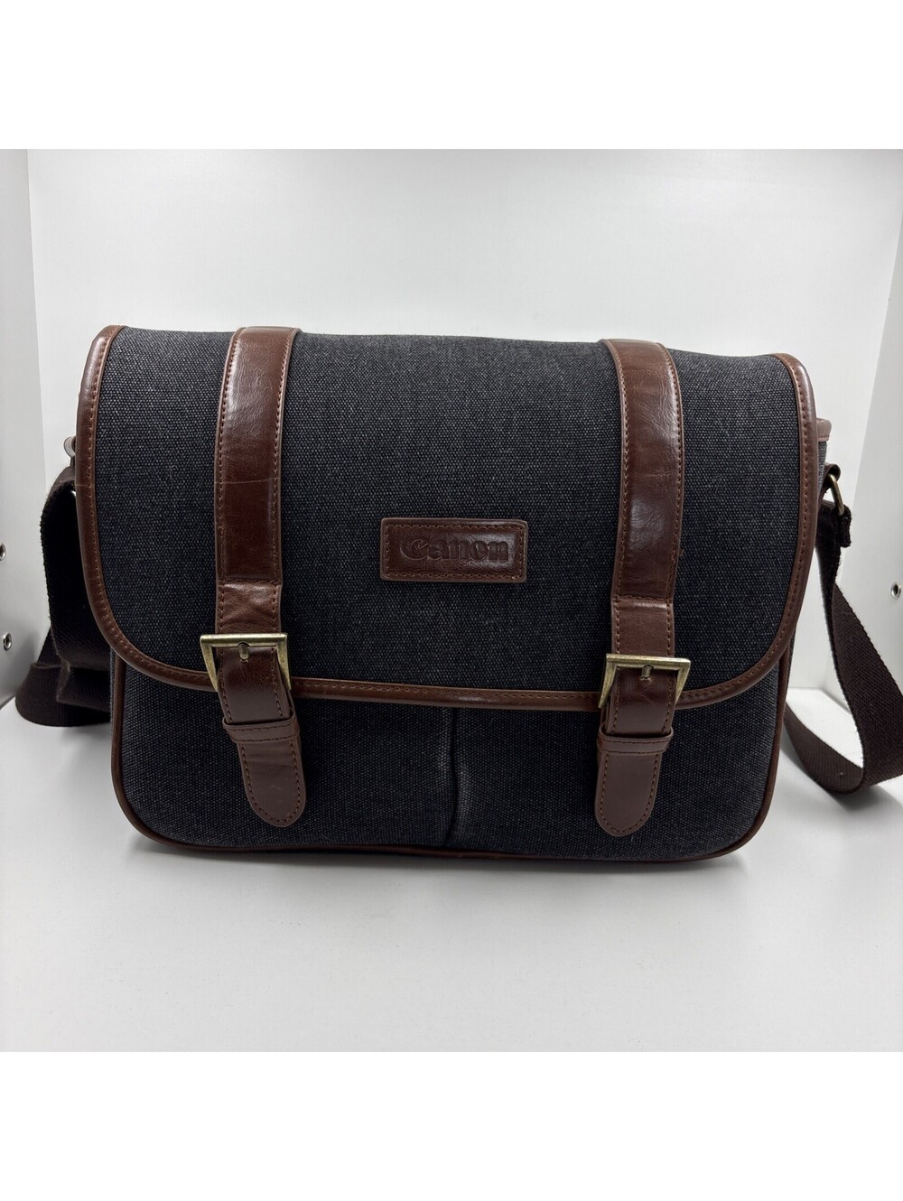 Retro Canon Camera Bag Gray Canvas Leather Trim Shoulder Strap